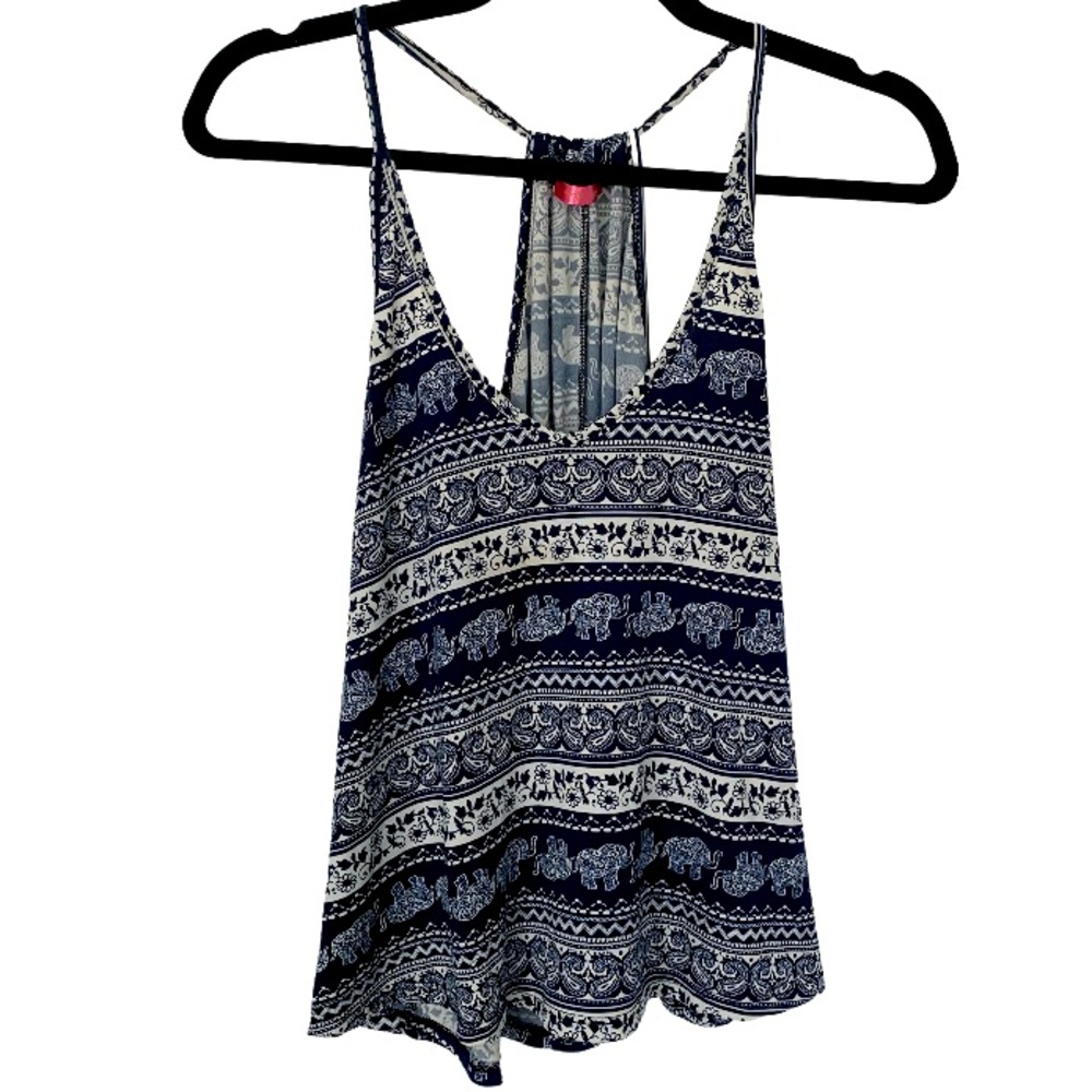SOCIAL TEEN T-back Cami Blue/White Elephant & Paisley Print Relaxed Flowy SIZE S